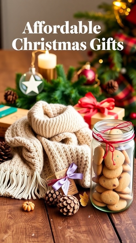 A collection of budget-friendly Christmas gifts including ornaments, a scarf, and cookies on a wooden table with holiday decor.